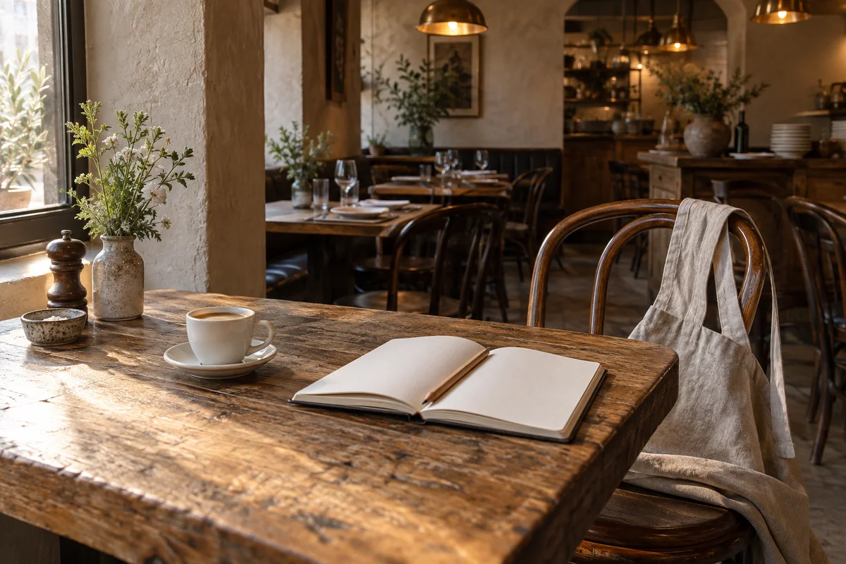 Ein Kaffee und ein aufgeschlagenes Notizbuch auf einem Holztisch im ruhigen Restaurant vor dem Service